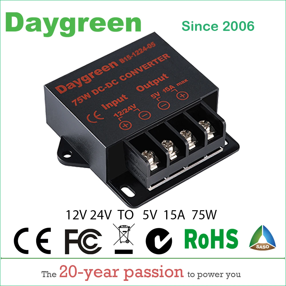 

12V to 5V 15A 24V to 5V 15A DC DC Converter Regulator Car Step Down Reducer Daygreen CE Certificated 12V/24V to 5V 15AMP