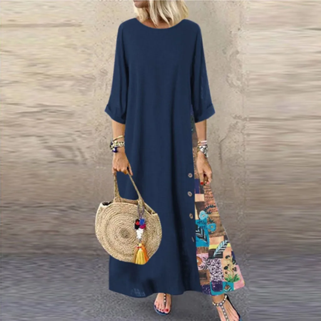 Платье 2019Top Горячая Мода Женщины печати сращивания Бохо длинный рукав кнопка карман o-образным вырезом повседневное длинное платье для женщин Vestidos