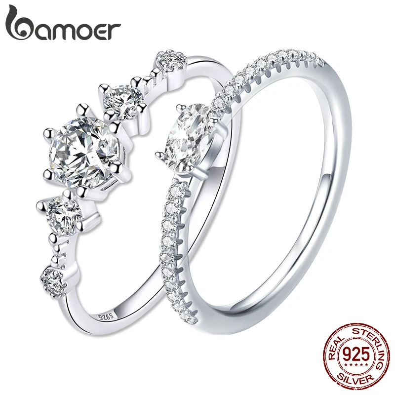 

BAMOER 925 Sterling Silver Dazzling Sparkling Engagement Finger Rings for Women Solid Silver Jewelry Wedding Statement Ring