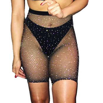 

2020 Black Sexy Women's Short Fishnet Rhinestone Crystal AB Fish Net Pantyhose Mesh Stockings Lingerie Half Short Fifth Pants
