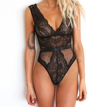 

Sexy V-Neck Backless Lace Mesh Bodysuit Women Sleeveless Hollow Out Sheer Teddy Female Jumpsuits Fashion Body 2020 One Piece