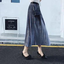 Осенне-зимняя женская бархатная юбка, плиссированная юбка с эластичной талией, Женская Золотая Бархатная Повседневная офисная Дамская длинная юбка