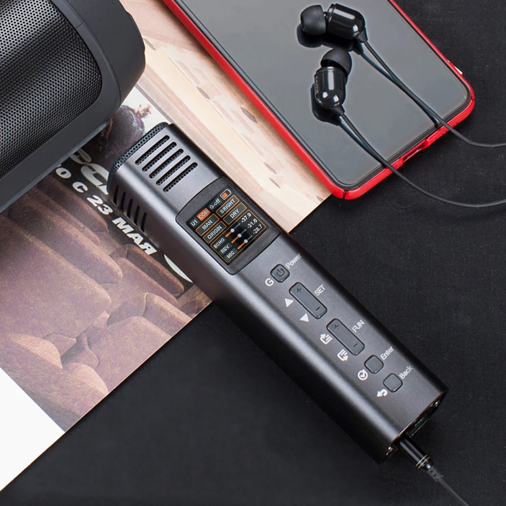 

Lannge HK-600 Multi-Functional DSP Microphone Unidirectional Mic with 1.3 Inch Colorful LCD 5 Kinds of Pitch/EQ/Effect Dual