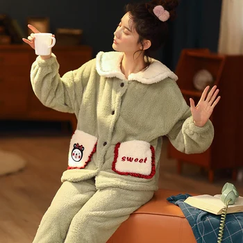 

Women Sleepwear Winter Pajamas Col Claudine,Doll Collar Coral Fleece Loose Version Intensification Keep Warm Lapel Flannel