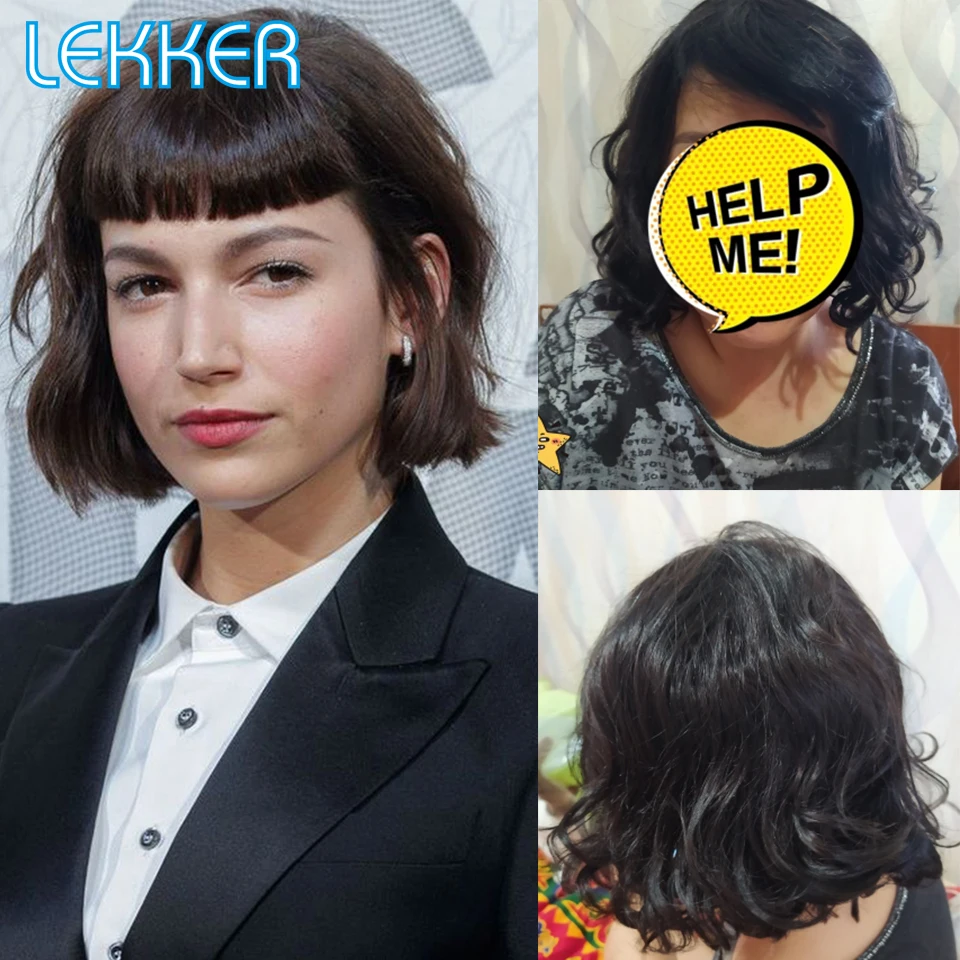 Lekker Short Deep Wave Bob Human Hair Wig With Bangs For Women Colored Brazilian Remy Natural Wavy Ombre Blonde Burgundy Red Wig