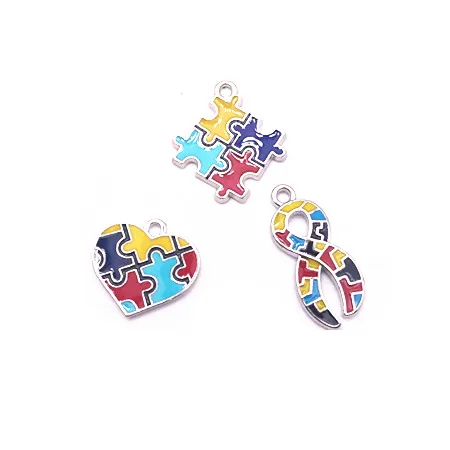 Enamel Autism Awareness Jigsaw Puzzle Piece Charms Pendant Wit Lobster Clasp For DIY Bracelet& Necklace Jewelry Making 20PCS - Metal color: as picture