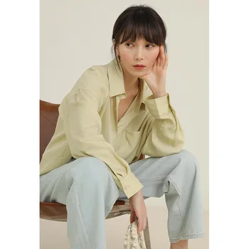 

solid color shirt female in the spring of 2020 the new joker cardigan coat lapels long-sleeved loose 11091 shirts