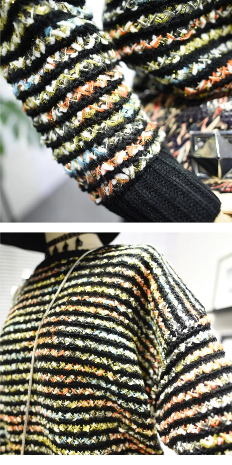 Autumn Winter Women O-Neck Knitted Sweater Stripe Spliced Bright Silk Knitwear Long Sleeve Loose Outerwear Jumper Korean Fashion