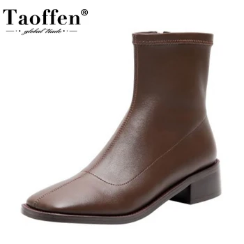 

TAOFFEN 2020 New Women Square Toe Ankle Boots Stretch Fabric Zipper Thick Heel Solid Color Ladies Footwear Female Size 33-40