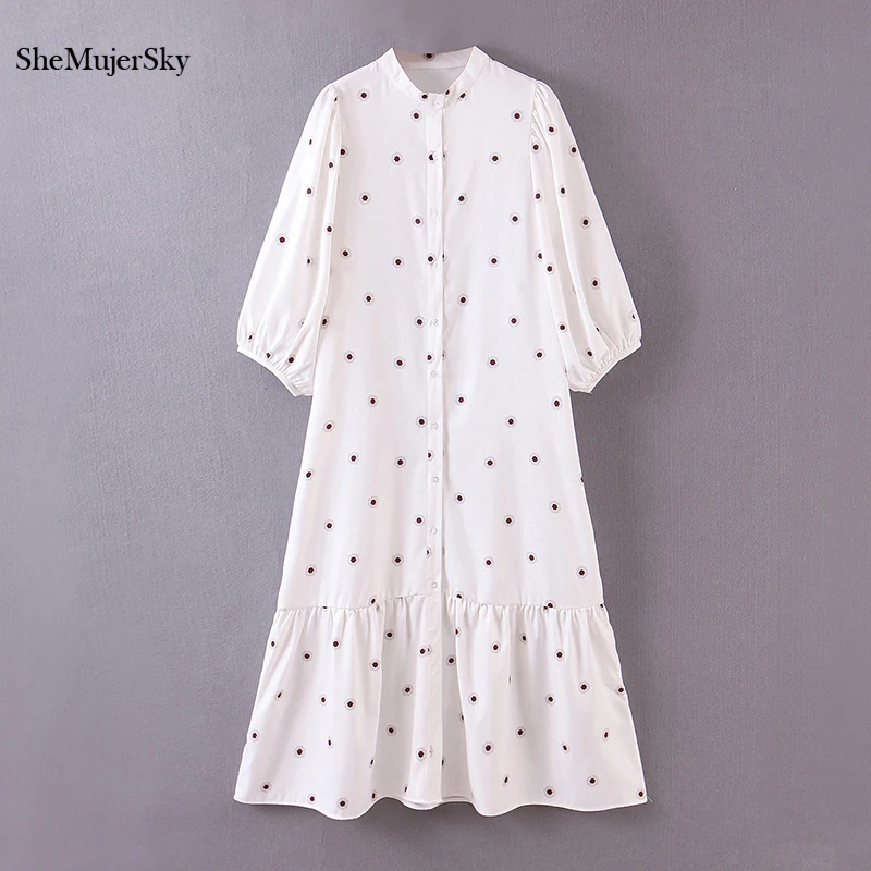 SheMujerSky Women White Shirt Midi Dress 2020 Spring Autumn Little Floral Print Dresses bodycon