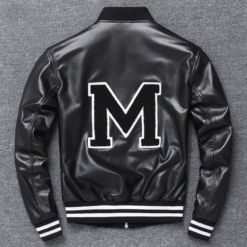 

Spring Autumn genuine leather Baseball Coat Sport Motorcycle Suit Man Women With sign M on back lovers Coat Sheepskin Jackets