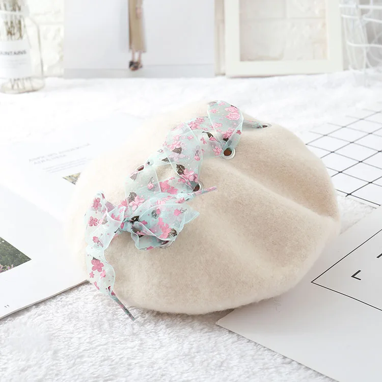2 Горячая Распродажа зимняя девочка-принцесса шляпа «лолита» японский Kawaii дети кружева/бант шерстяной Теплый берет ручной колпачок из шерсти - Цвет: 2