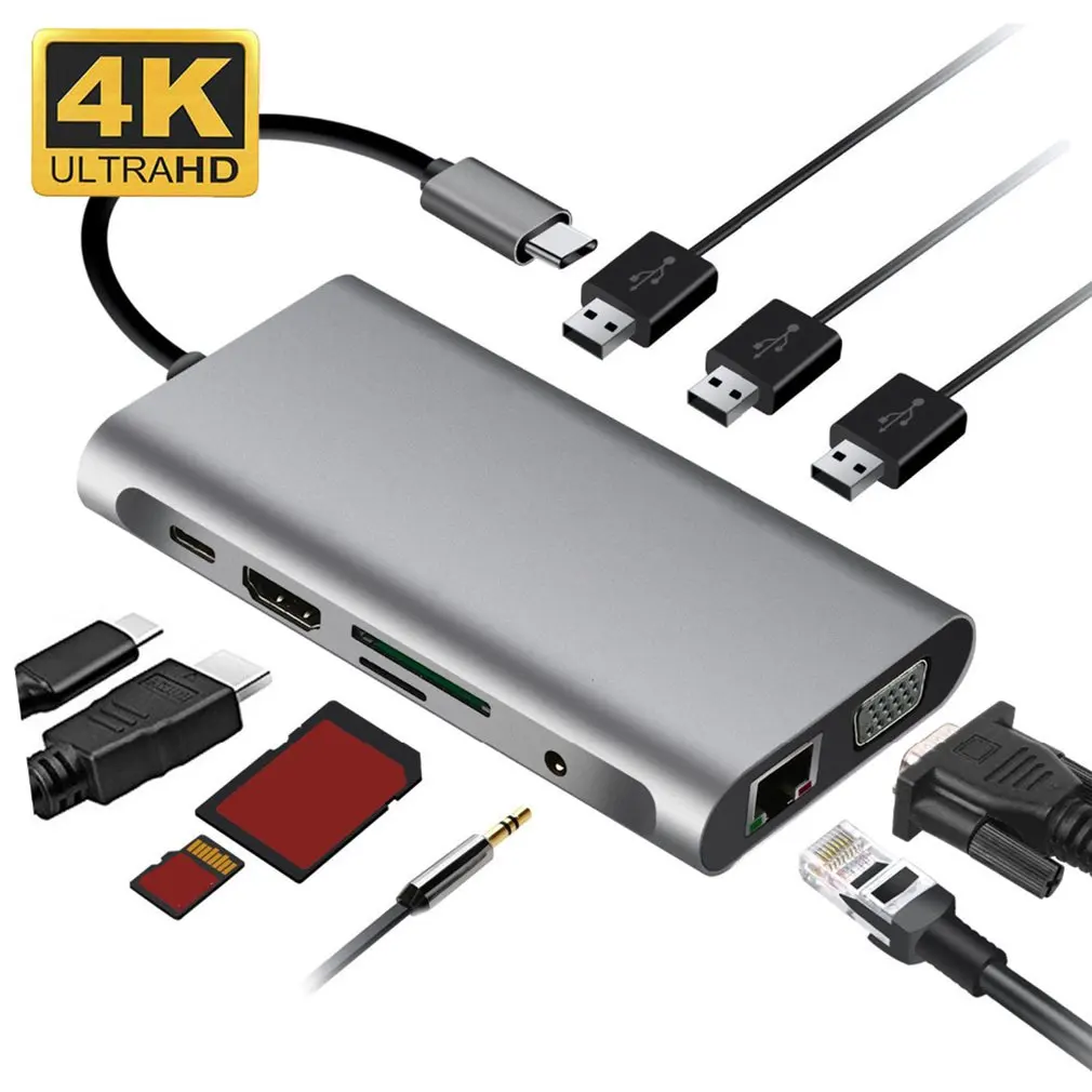 Usb-хаб type-C 10 в 1 Thunderbolt 3 type C адаптер док-станция 3 USB 3,0 порт 4K HDMI 1080P VGA RJ45 Gigabit Ethernet для Macbook Pro