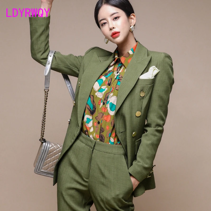 2019 autumn and winter women's double-breasted slim fit blazer + slim trousers suit Office Lady  Double Breasted