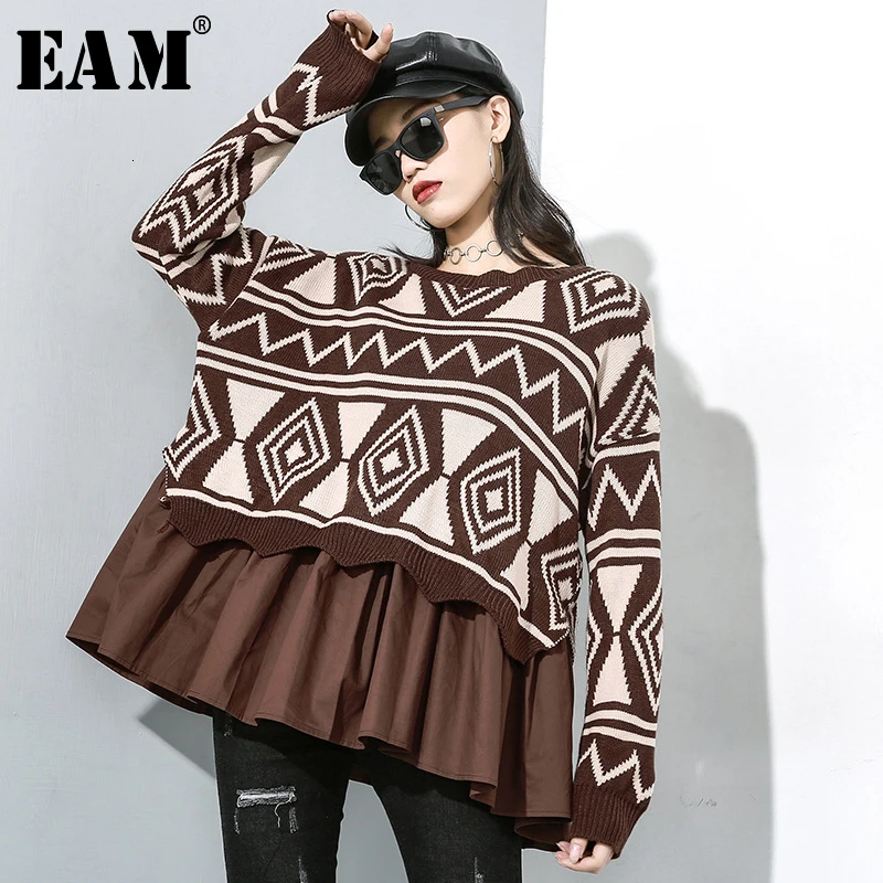 

[EAM] Pattern Pleated Big Size Knitting Sweater Loose Fit Round Neck Long Sleeve Women New Fashion Spring Autumn 2020 19A-a793