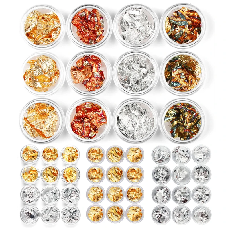 12 PCS Gold Silver Bronze Nail Art Foil Irregular Aluminum Nail Sticker For Nails Manicure 3D Glitter Gel Polish Nail Decor