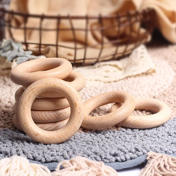 

5Pcs 40/55/60mm Beech wooden teether Ring Baby Teether Teething Ring Round Ring DIY Pacifier Chain Bracelet Accessorie Toys