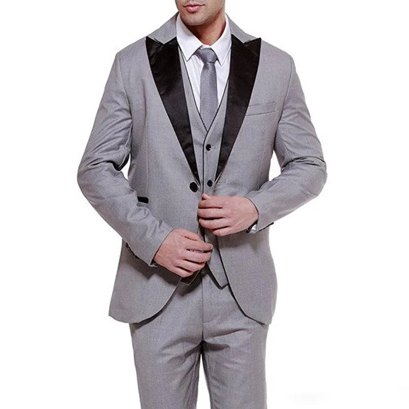 Three Piece Gray Business Party Men Suits Groom Wear 2021 Classic Black Peaked Lapel Wedding Groom Tuxedos (Jacket + Vest+Pants)