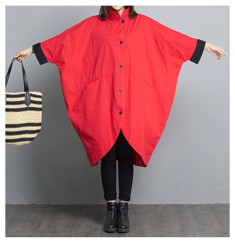 cotton plus size Oversized vintage women causal loose midi spring autumn shirt dress elegant clothes ladies dresses - Цвет: Красный