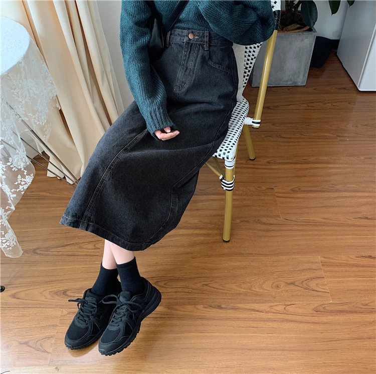 Korean Style Autumn Winter Women Denim Skirt High Waist Vintage Black Split Jupe Longue Elegant Casual A-Line Denim Lady Skirts