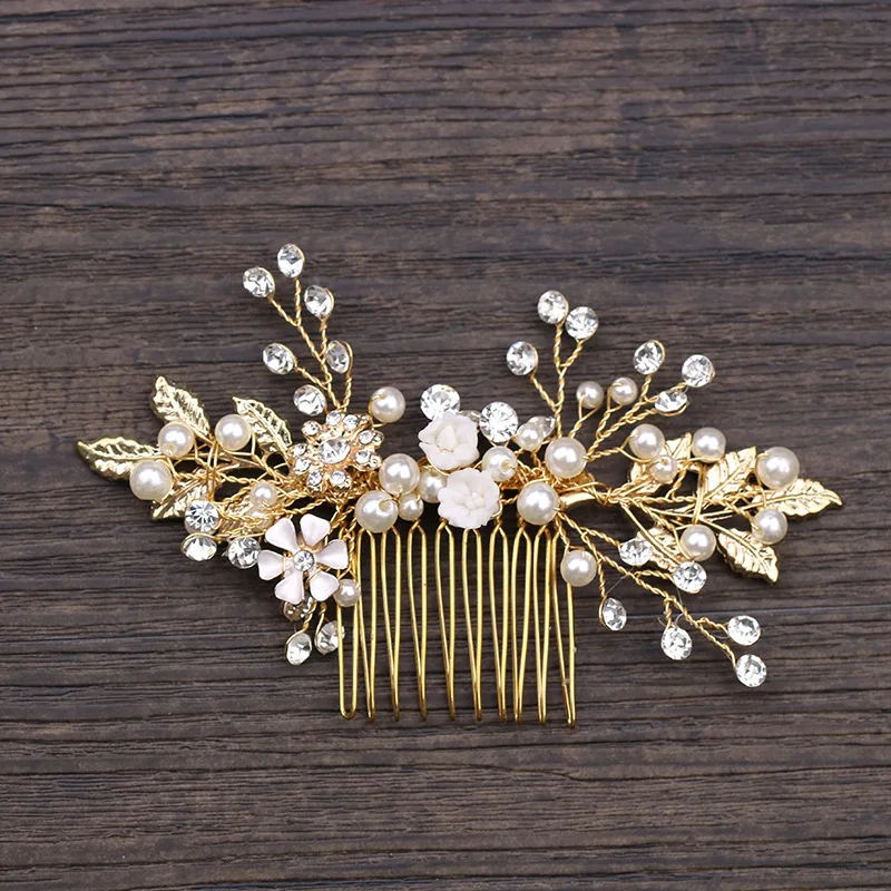 Золотой металлический лист волос расчески ювелирные украшения невесты жемчуг волос гребешок диадема головной убор украшения для волос свадебные аксессуары для волос