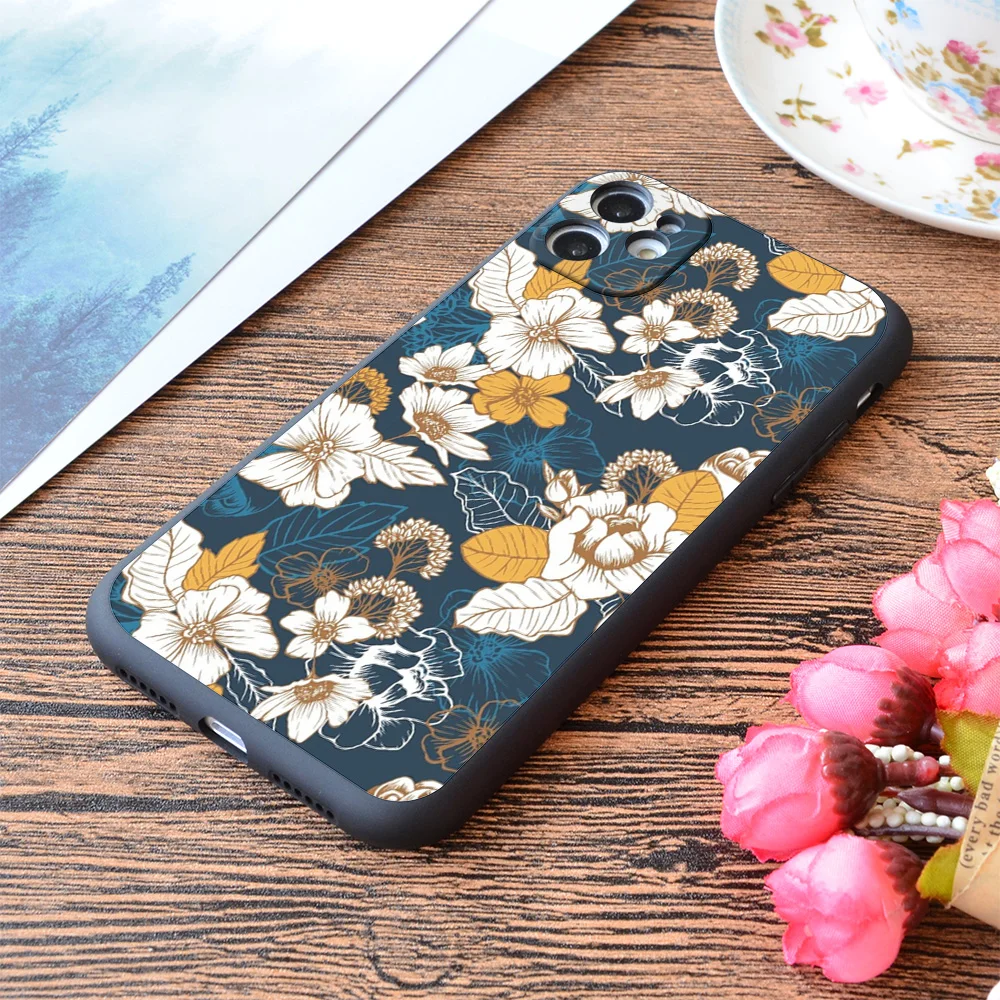 

For iPhone Navy And Gold Peony And Blossom Seamless Pattern Print Soft Matt Apple iPhone Case