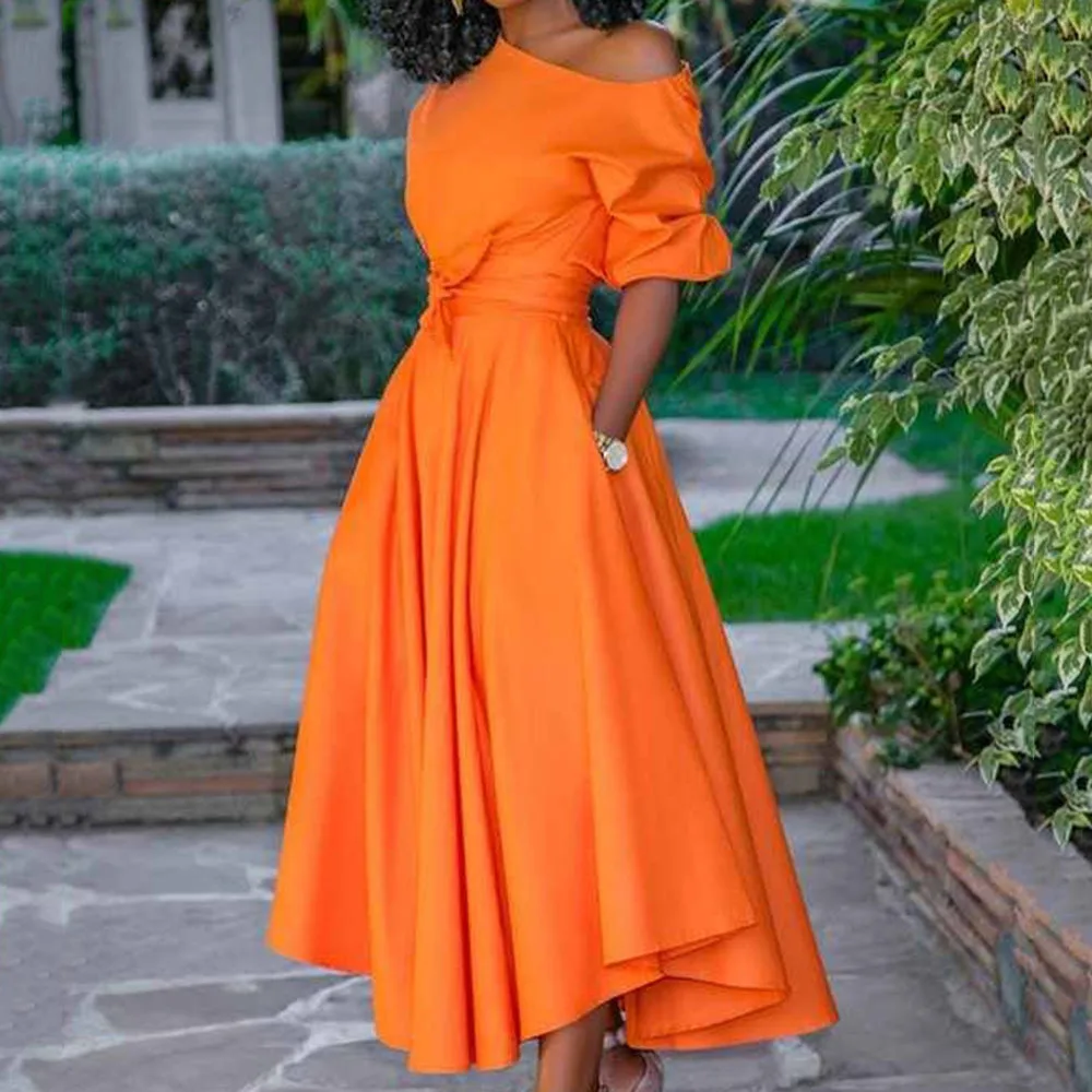 

Orange Women A Line Dress Summer High Waist 2020 Lady Elegant One Shoulder Midi Dresses Robe Femme Vestiods Party Dinner Dress
