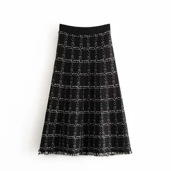 

Early spring 2020 new style small fragrance mid length skirt high waist thin Plaid fringe covered crotch A-shape knitted skirt