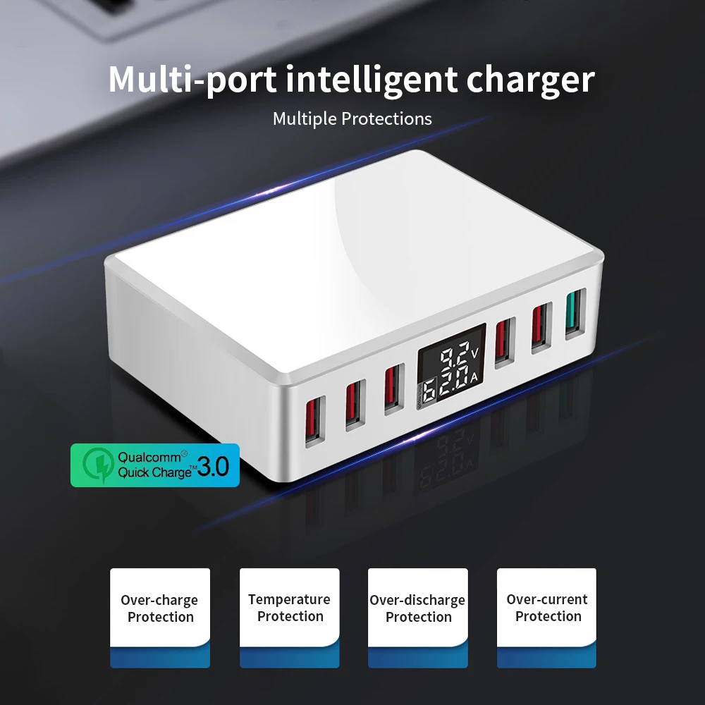 WLX-T9+ интеллектуальное многопортовое USB быстрое зарядное устройство адаптивный ЖК-дисплей Портативный Quick Charge 3,0 6 портов 100-240 В