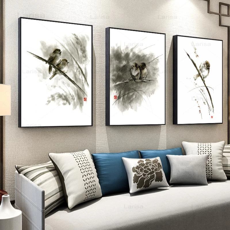 Modern Minimalist Chinese Zen Ink Painting On Canvas Mural Prints Black And White Picture Bird Lotus Poster Wall Art Home Decor Painting Calligraphy Aliexpress