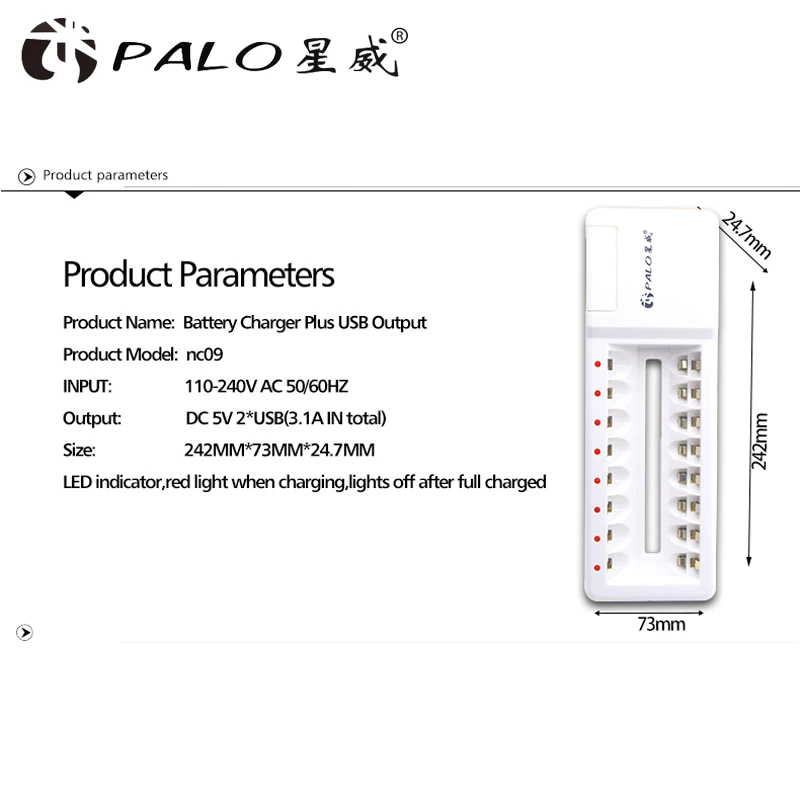 PALO 8 слотов быстрое зарядное устройство 2 гнезда USB Высокое качество зарядное устройство для аккумуляторов 1,2 в NI-CD Ni-MH AA AAA