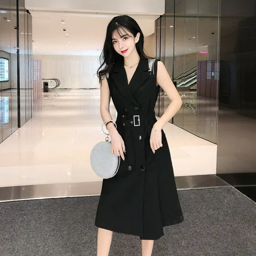 

Loose 2019 Brief A-line Dresses Korean Fashion Double Breasted Summer Dress Casual Turn-down Collar Vintage Dress