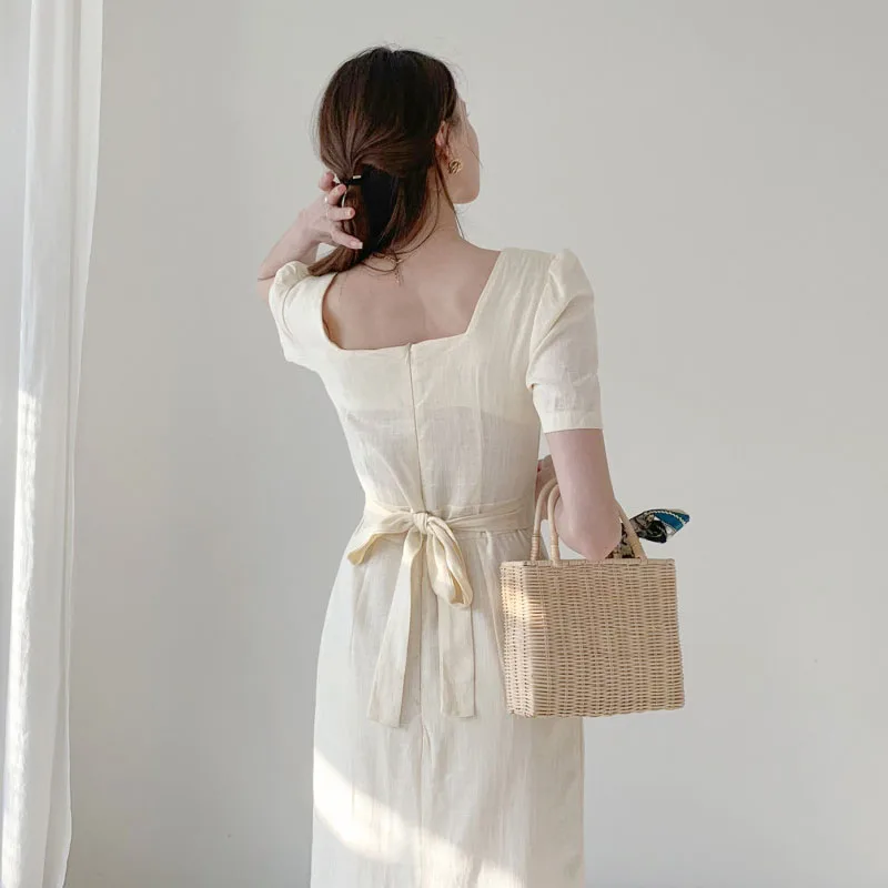 Elegant V-Neck Slim Waist Dress Cotton Linen Dress Summer Dress Female Vintage Loose Office Lady Long Korean Dresses 2020