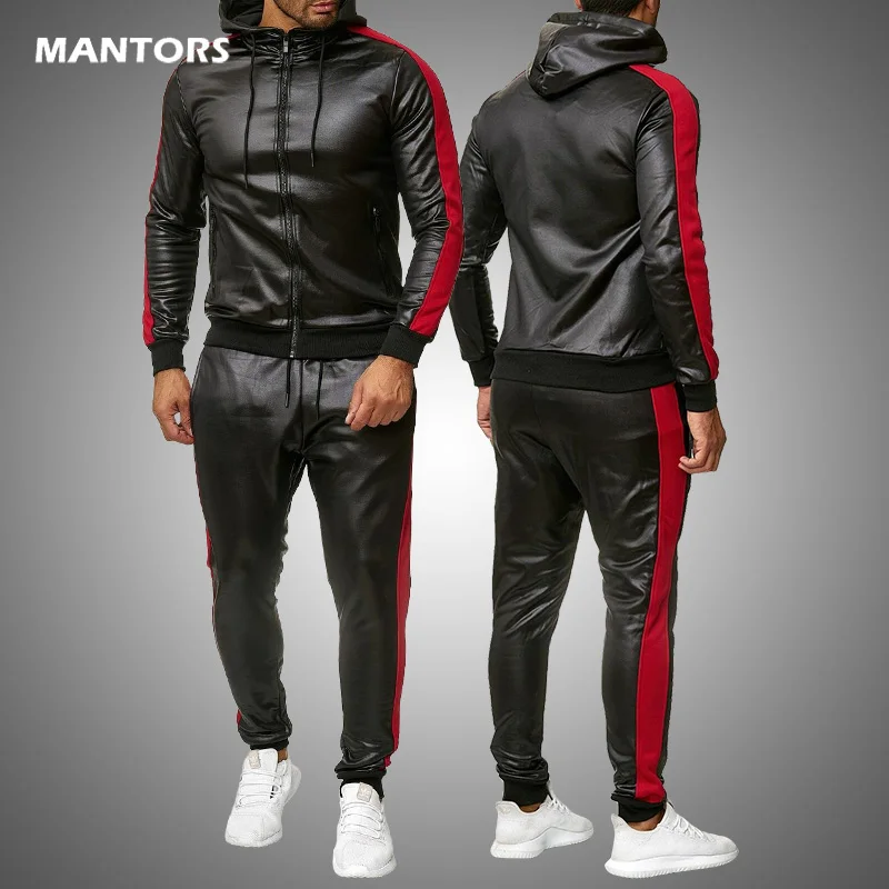 Chándal de cuero PU con capucha para hombre, conjunto informal de 2 piezas, chaqueta de cuero de imitación + Pantalones, traje deportivo para motocicleta, 2020