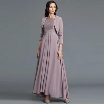 

New Graceful Two Pieces Lace High Low Mother of the Bride Dresses With Jacket Three Quarter Sleeves Beaded Wedding Party Gowns