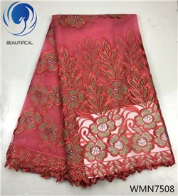 WMN7508 Красивые нигерийские французские кружевные ткани синего цвета высокого качества, кружевная ткань из полиэстера с бисером, последние 5 ярдов для свадьбы WMN75 - Цвет: WMN7508