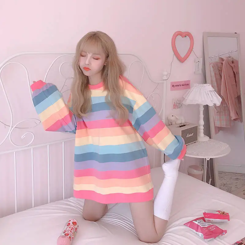 

Autumn Chic Casual Long Sleeve Woman Striped T-Shirt Rainbow Female Cute Harajuku Oversized T Shirts Streetwear Women