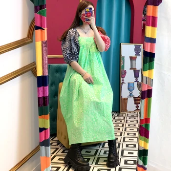 

iMucci 2020 summer women dresses round collar puff sleeve patchwork colors loose korean vestidos female fashion