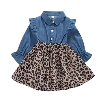 

Autumn Casual Baby Girls Long Flare Sleeve Patchwork Design Leopard Print Dress Kids Princess Pageant Dresses