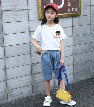 

Girls' Summer Suit New Fashion Short Sleeve T-shirt + Denim Shorts Two Piece Sets