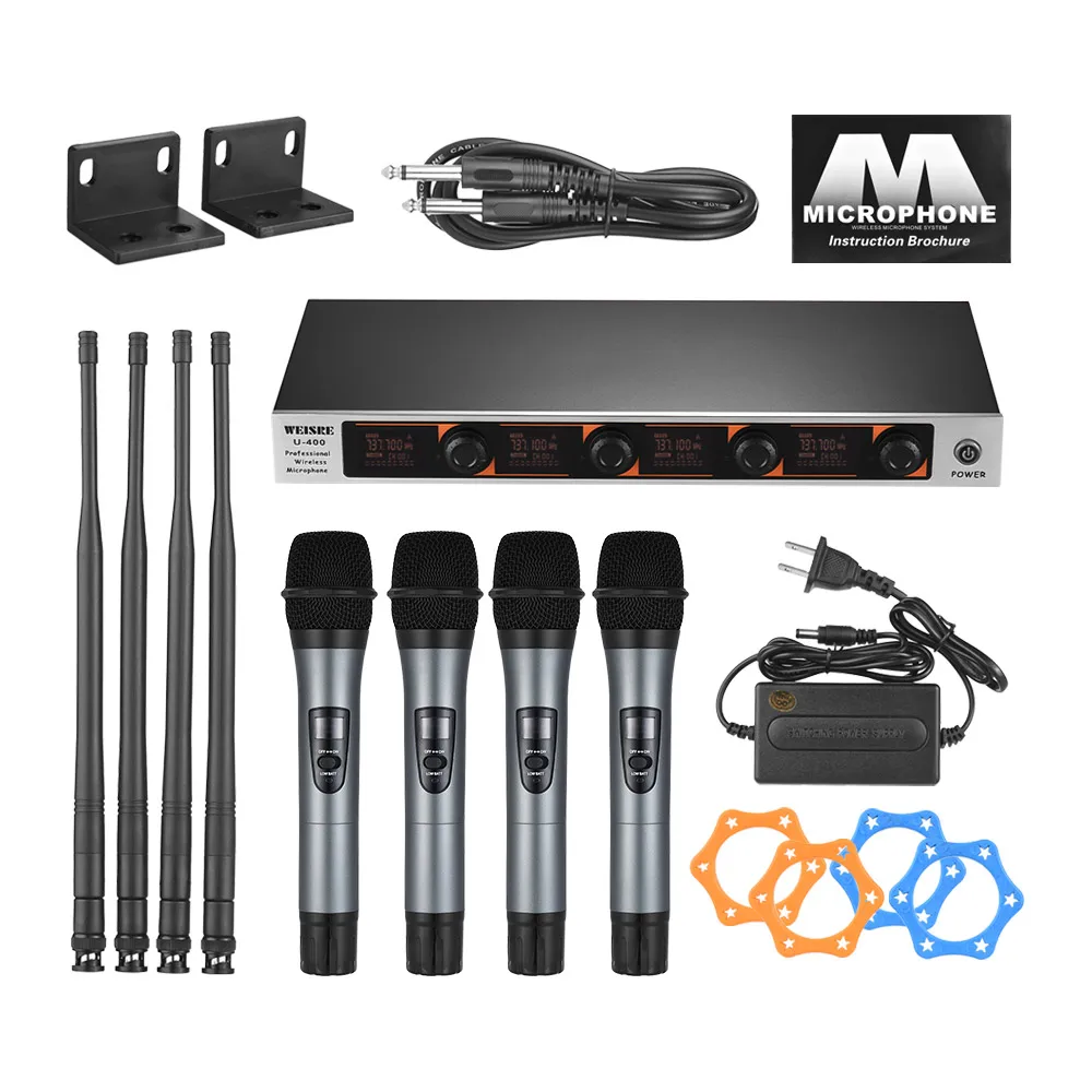 

Professional 4 Channel VHF Wireless Handheld Microphone System 4 Microphones 1 Wireless Receiver LCD Display
