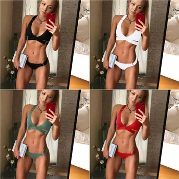 

Cross-border Two-piece Swimsuit Adjustable Pure-color Bikini Bathing Suit Women