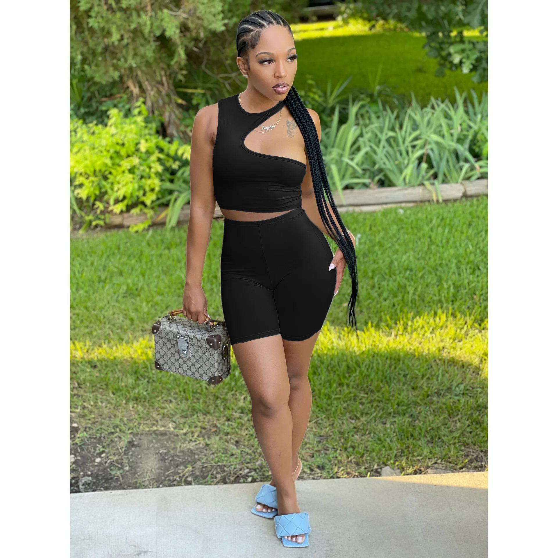 Ronikasha Women Biker Shorts Set 2 Piece Set Summer Short Sleeve Collarless Casual Jogger Cycling Suit Sexy Clothes