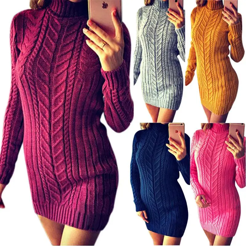 Prix Pull à col roulé robe hiver femme fête nuit Sexy Mini robe tricotée col revers solide à manches longues tricot pull