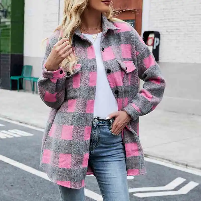 

2021 Plaid Women Wool Blend Jackets Coat Autumn Female Coats Long Sleeve Loose Single Breasted Pockets Fashion Casual Outwear