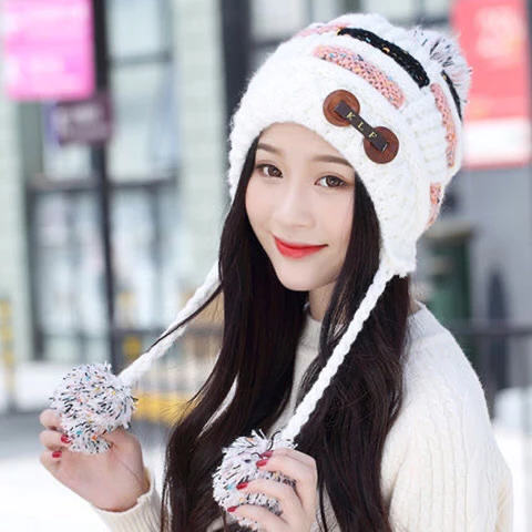 

Hat Female Winter Korean Thickened Warm Hat Fashion Ear Protection Girl Lovely Ball Knitting Fluffy Women White