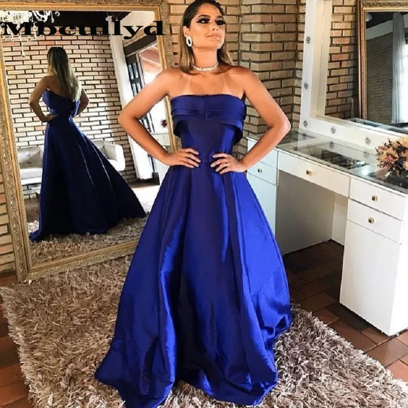 

Длинные вечерние платья Mbcullyd без бретелек 2023, атласное платье Королевского синего цвета для выпускного вечера для черных девушек, очаровательное вечернее платье с открытой спиной