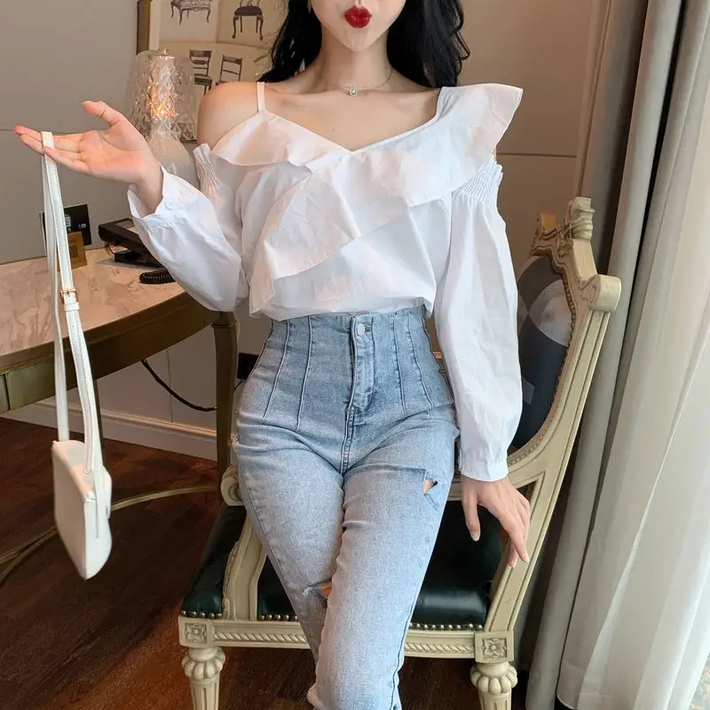 Spring and autumn style Women's Clothing Shirts new off shoulder white slash neck ruffles full lantern sleeve ladies tops |
