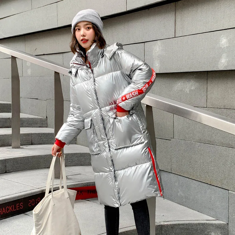 Зимняя длинная куртка для женщин парка с воротником-стойкой Женское пальто с капюшоном из блестящей ткани длинная теплая с хлопковой подкладкой - Цвет: Light gray