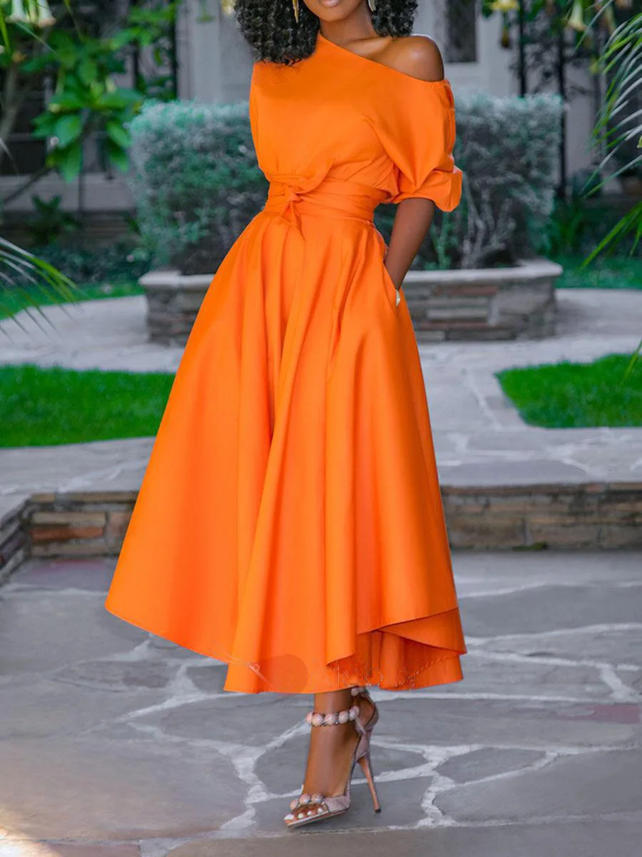 Женское платье с открытыми плечами и поясом, длинное ТРАПЕЦИЕВИДНОЕ Плиссированное оранжевое повседневное модное женское элегантное новое осенне-летнее платье